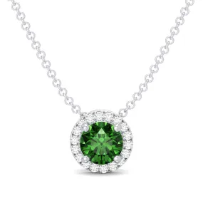 14K W Gold 0.05ctw Diamond 0.35ctw Round Emerald Halo Pendant