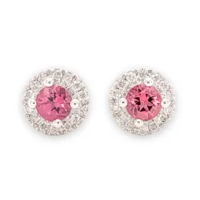 14K W Gold 0.10cttw Diamond 0.30cttw Pink Tourmaline Round Halo Earrings