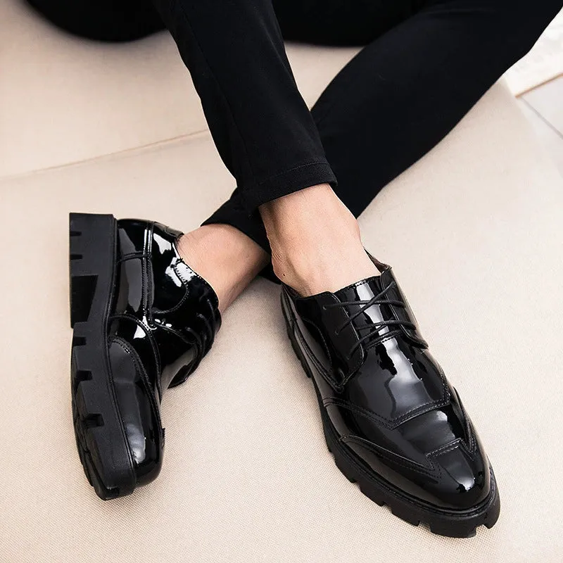 2024 new autumn and winter pointed-toed casual shoes Korean style trendy leather shoes plus velvet black youth bright leather shoes one drop