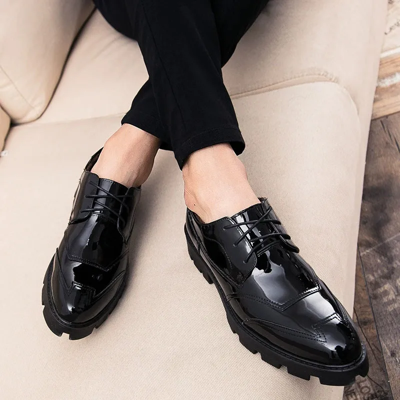 2024 new autumn and winter pointed-toed casual shoes Korean style trendy leather shoes plus velvet black youth bright leather shoes one drop