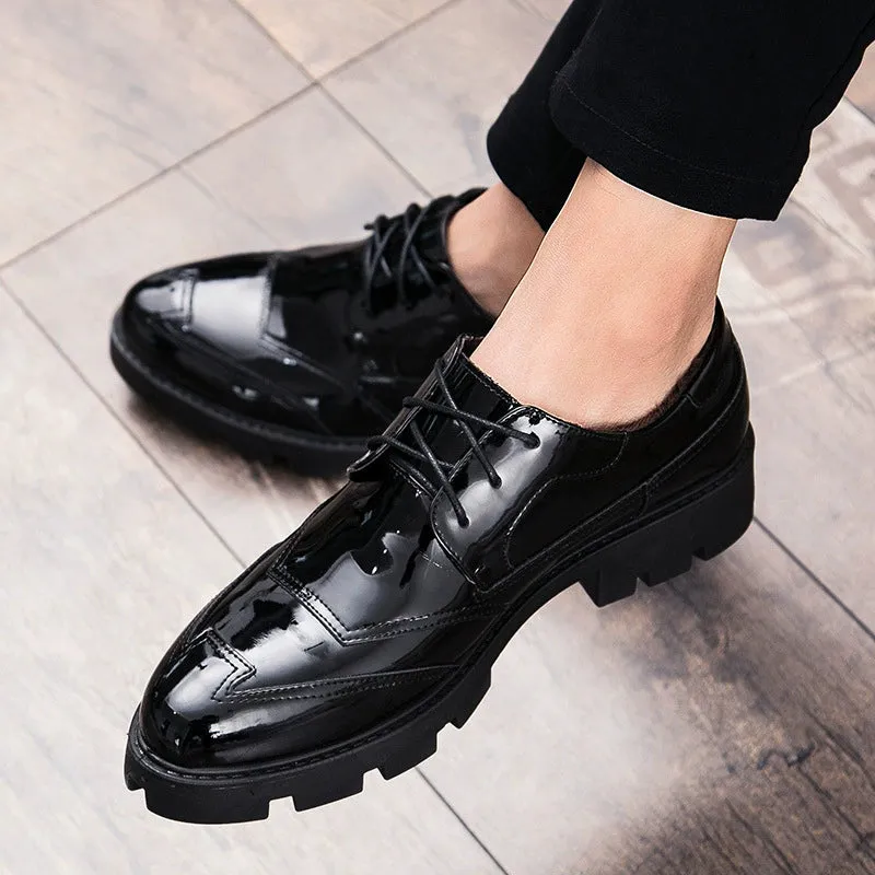 2024 new autumn and winter pointed-toed casual shoes Korean style trendy leather shoes plus velvet black youth bright leather shoes one drop