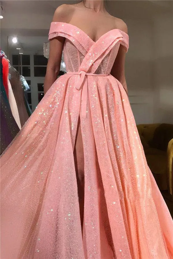 A Line Pink Sequins Off the Shoulder Prom Dresses with Split, V Neck Dance Dresses Y888