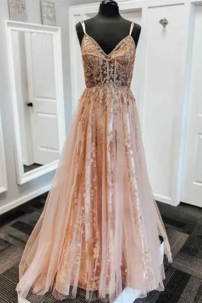 A-Line Straps Blush Pink Prom Dress with Embroidery Y1162