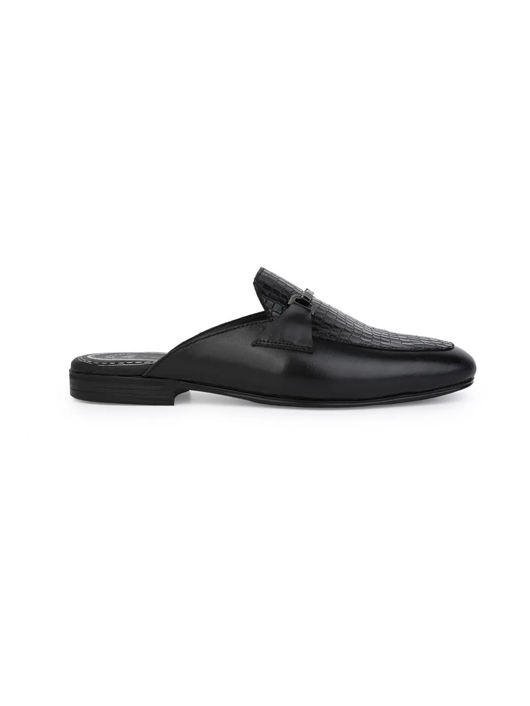 Alberto Toreesi Black Leather Textured With Metal Accent Mules