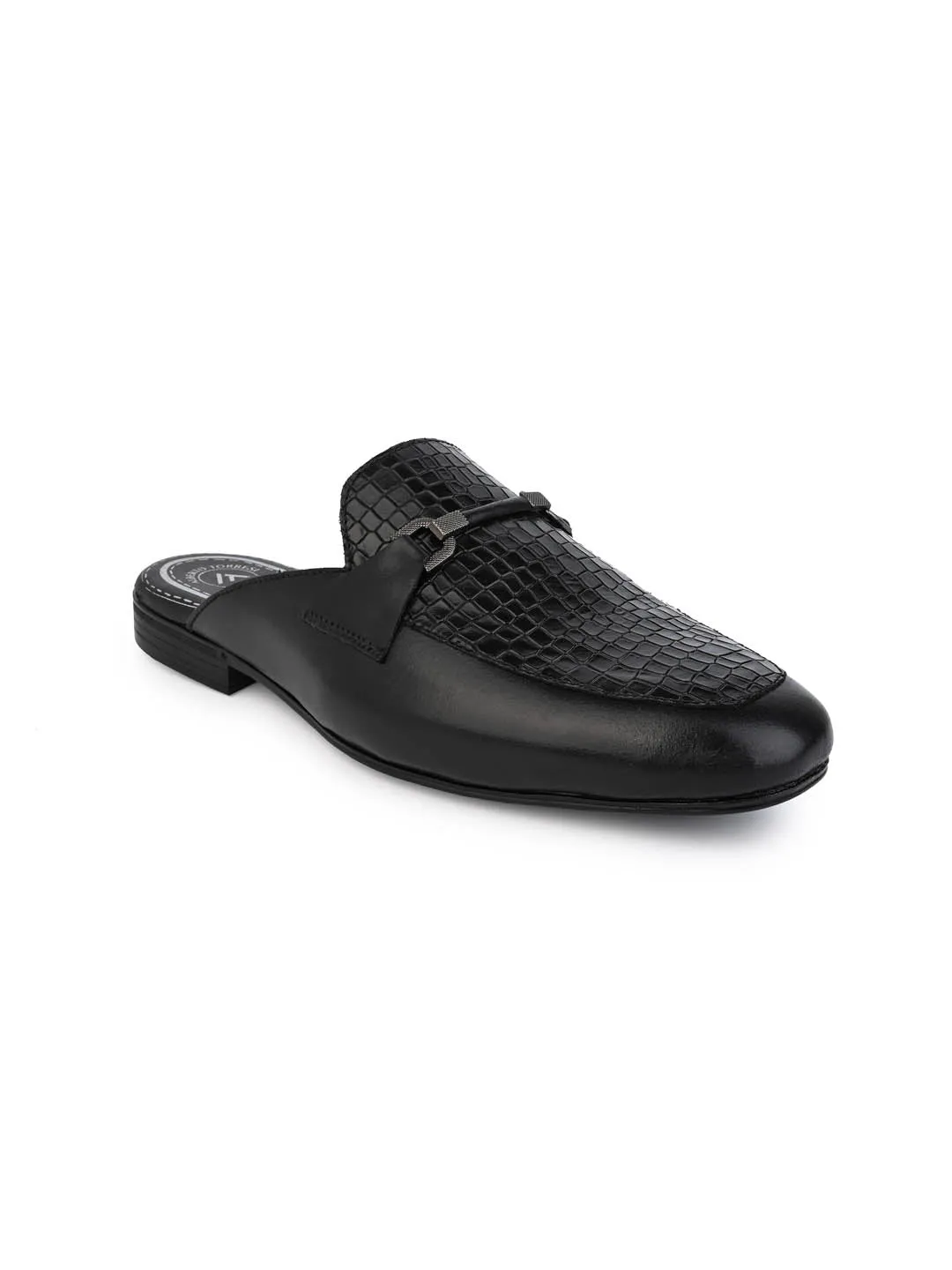 Alberto Toreesi Black Leather Textured With Metal Accent Mules