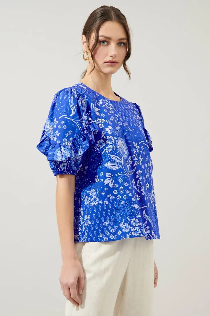 AMAYA MIXED PRINT MOONEY BLUE FORAL RUFFLE PUFF SLEEVE SHORT SLEEVE BLOUSE