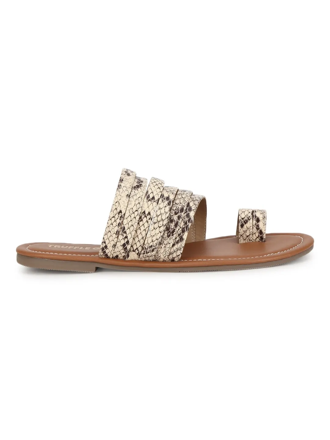 Beige Natural Snake PU Flat Slip On Sandals