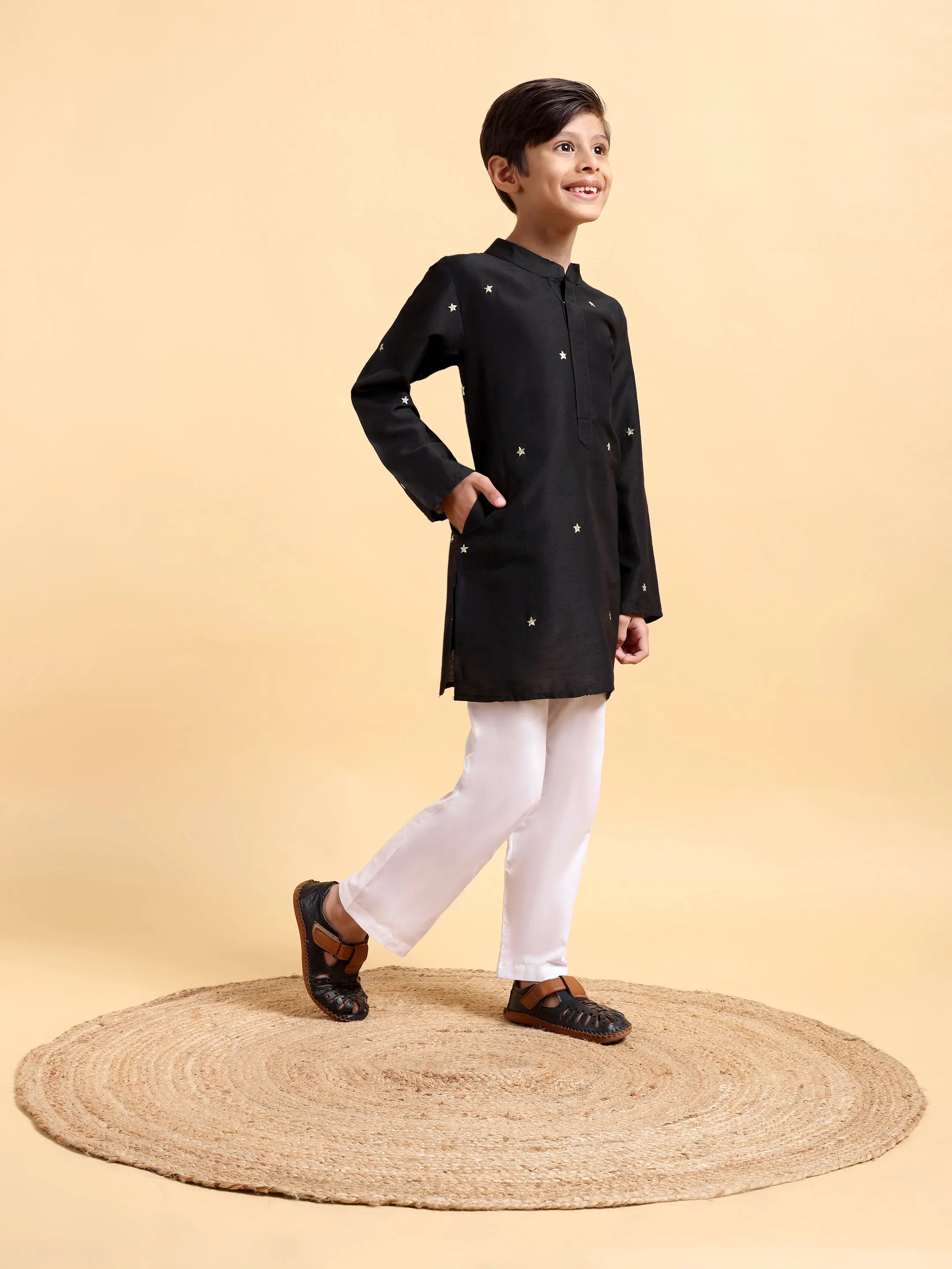 Black Embroidery Cotton Silk Kurta & Pajama Set