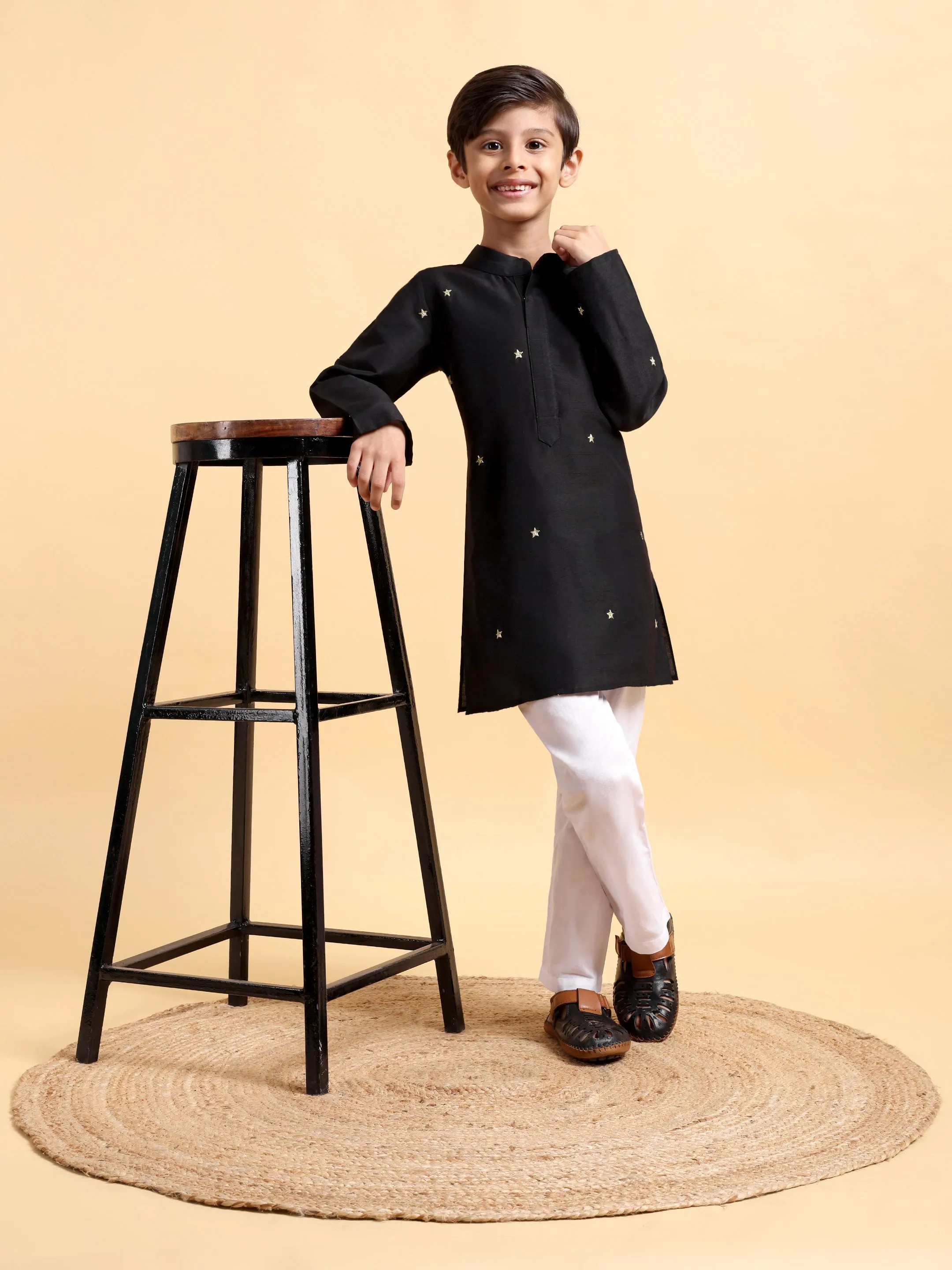 Black Embroidery Cotton Silk Kurta & Pajama Set