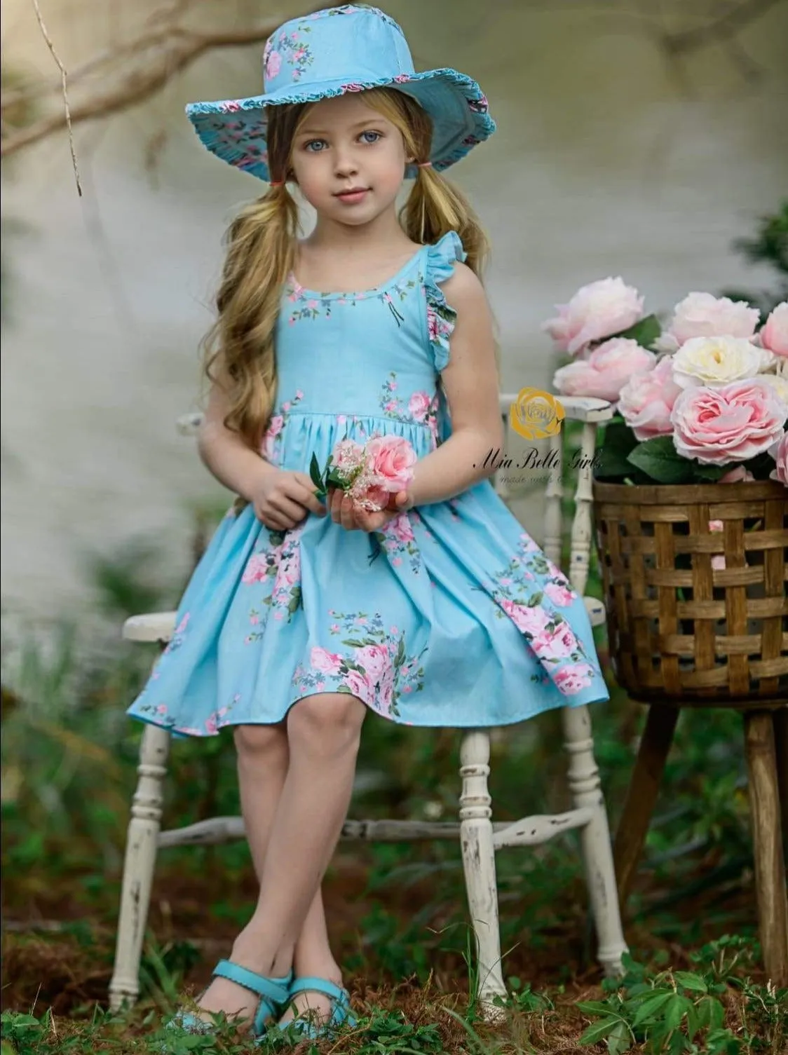 Blossom Blues Cross Back Sleeveless Dress And Hat Set