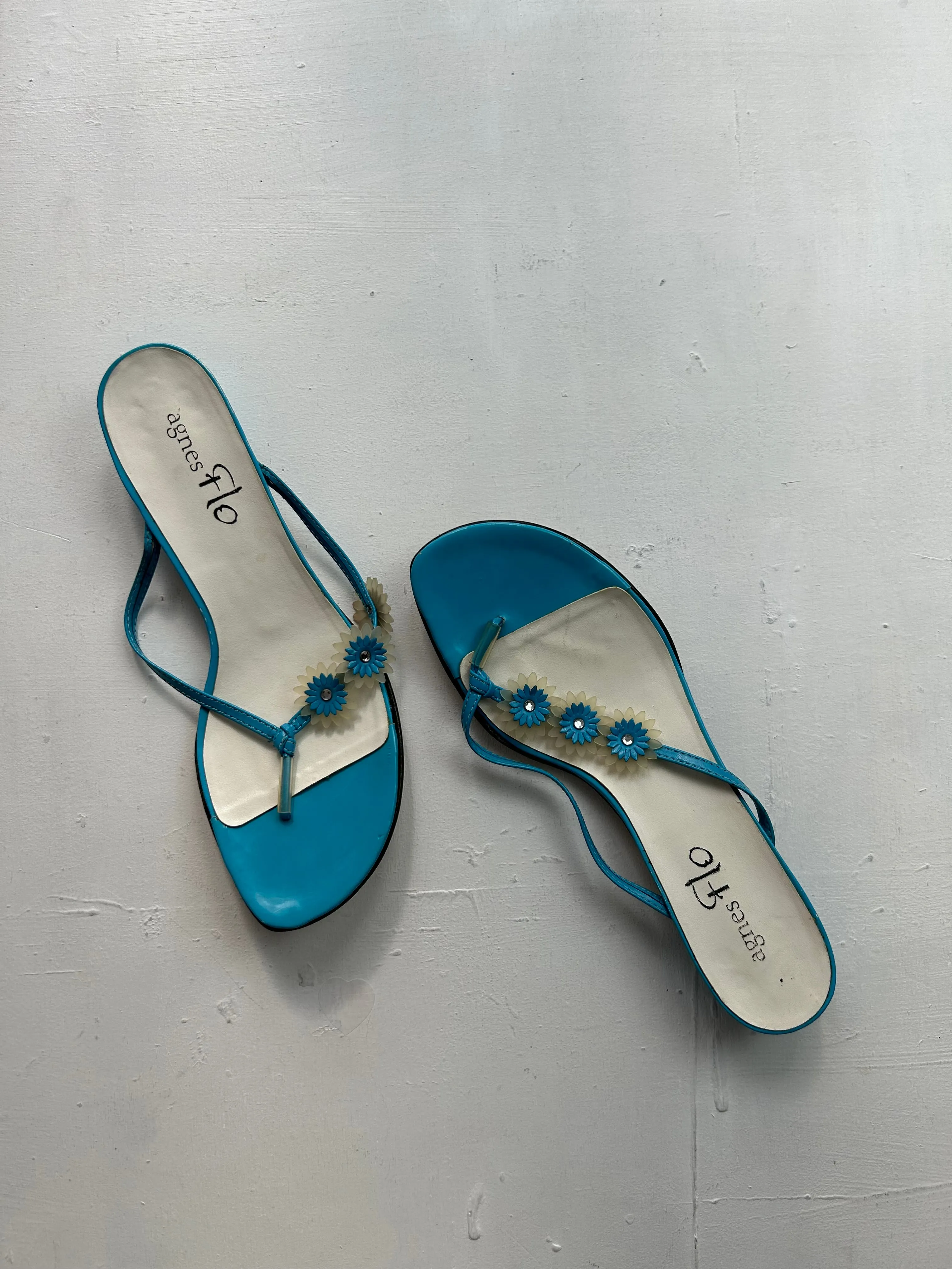 Blue square heels flip flop flowers shoes (40)