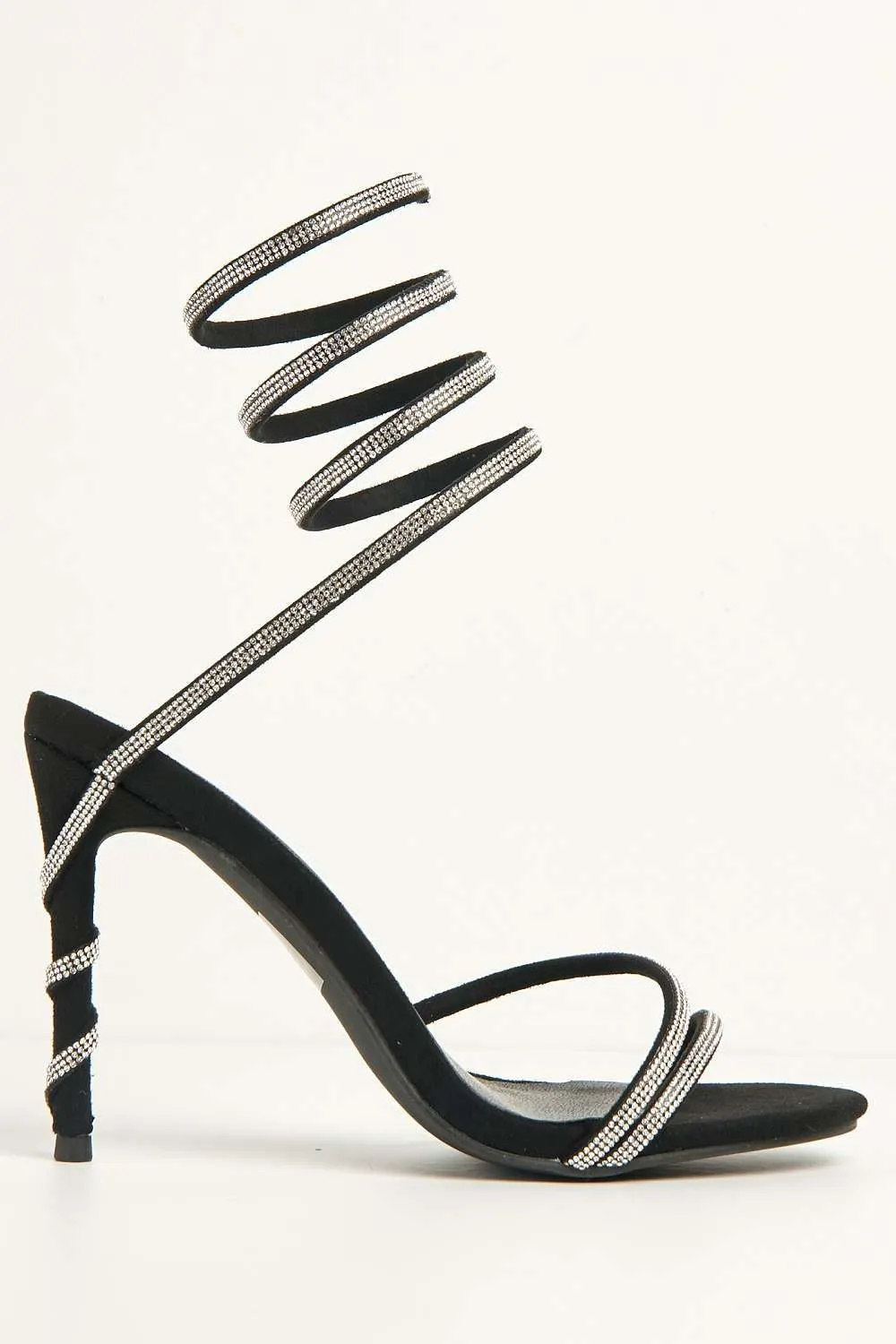 Curly Diamante Embellished Spiral Ankle Strap Sandals in Black Suede