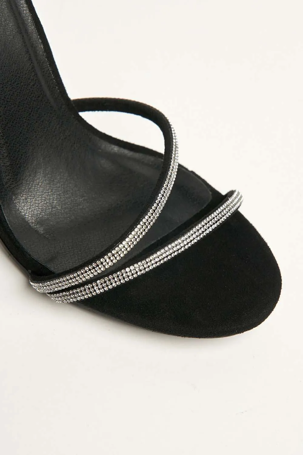 Curly Diamante Embellished Spiral Ankle Strap Sandals in Black Suede