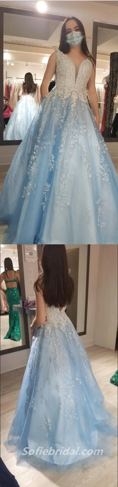 Elegant Blue Tulle Lace Spaghetti Straps A-Line Long Prom Dresses/Graduation Dresses,SFPD0322