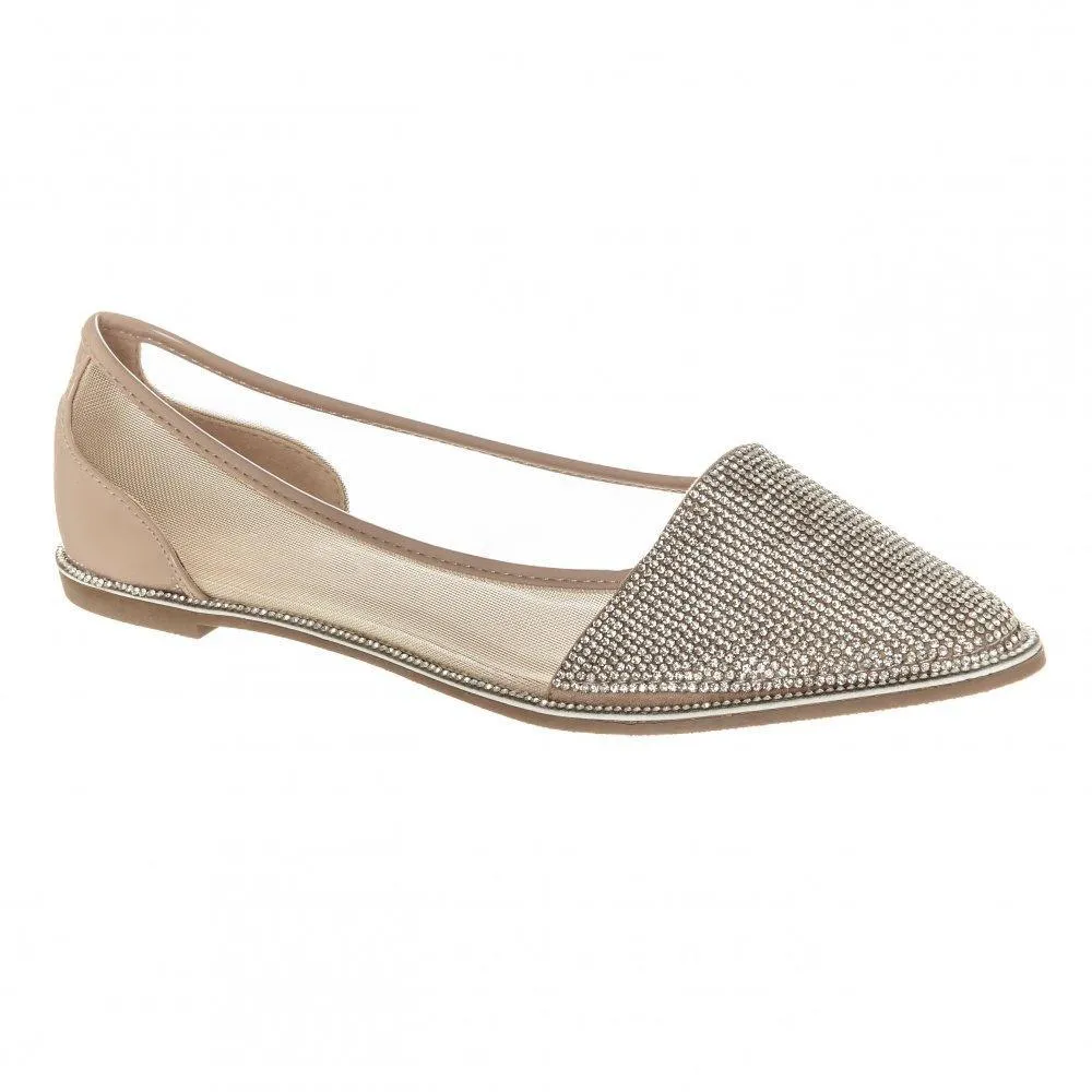 Flat Pointed Toe Diamante Shoe Mesh Side