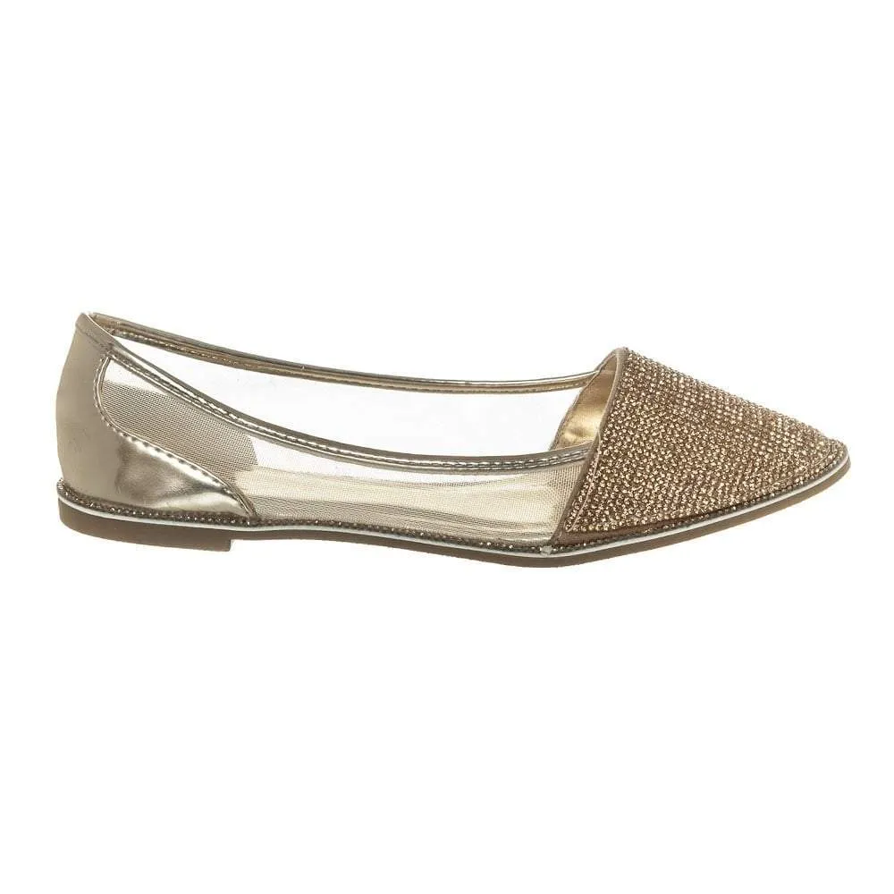 Flat Pointed Toe Diamante Shoe Mesh Side