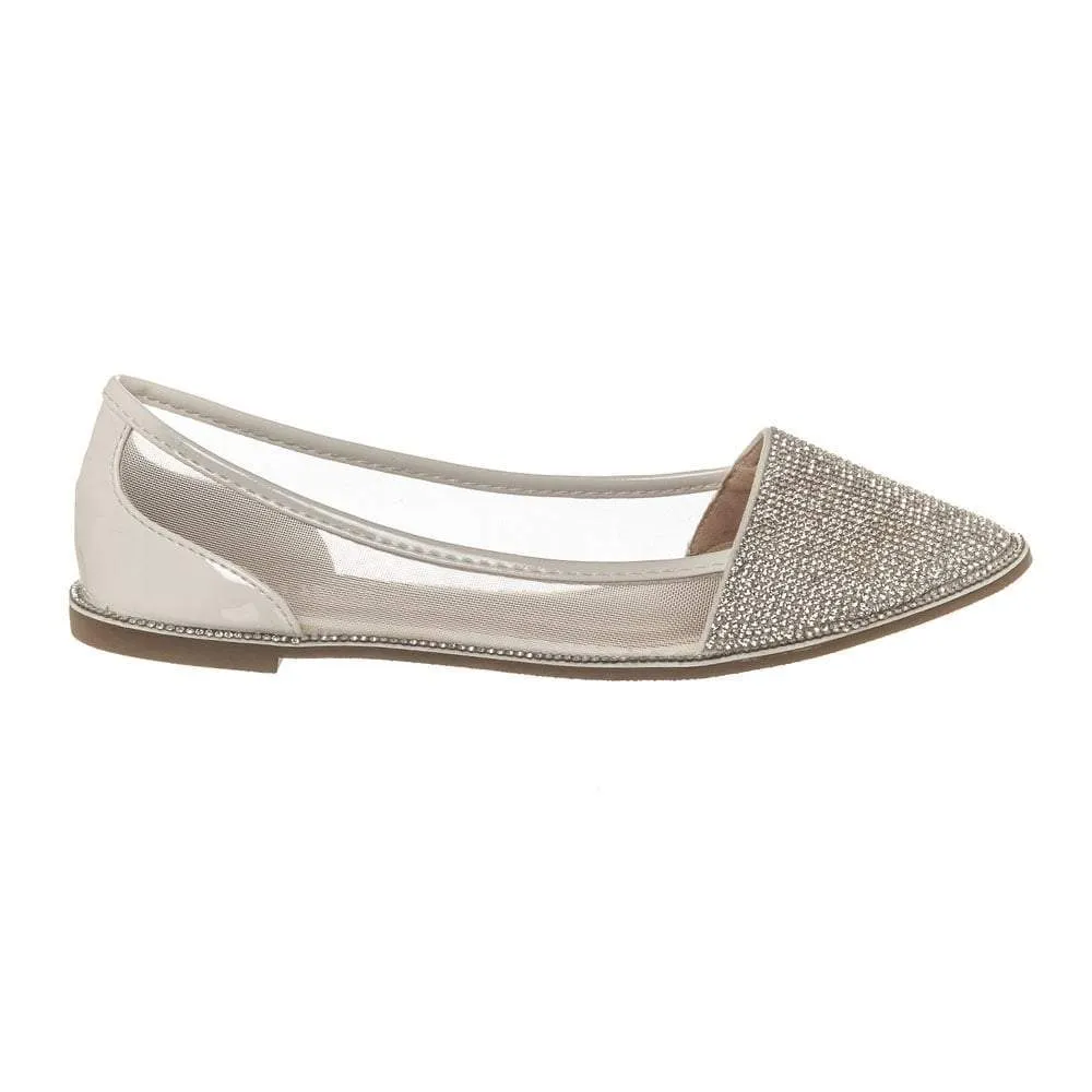 Flat Pointed Toe Diamante Shoe Mesh Side