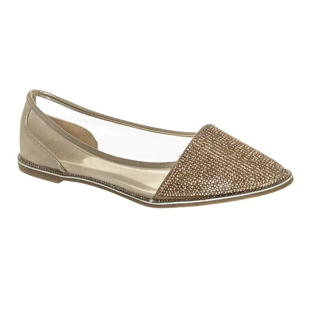 Flat Pointed Toe Diamante Shoe Mesh Side