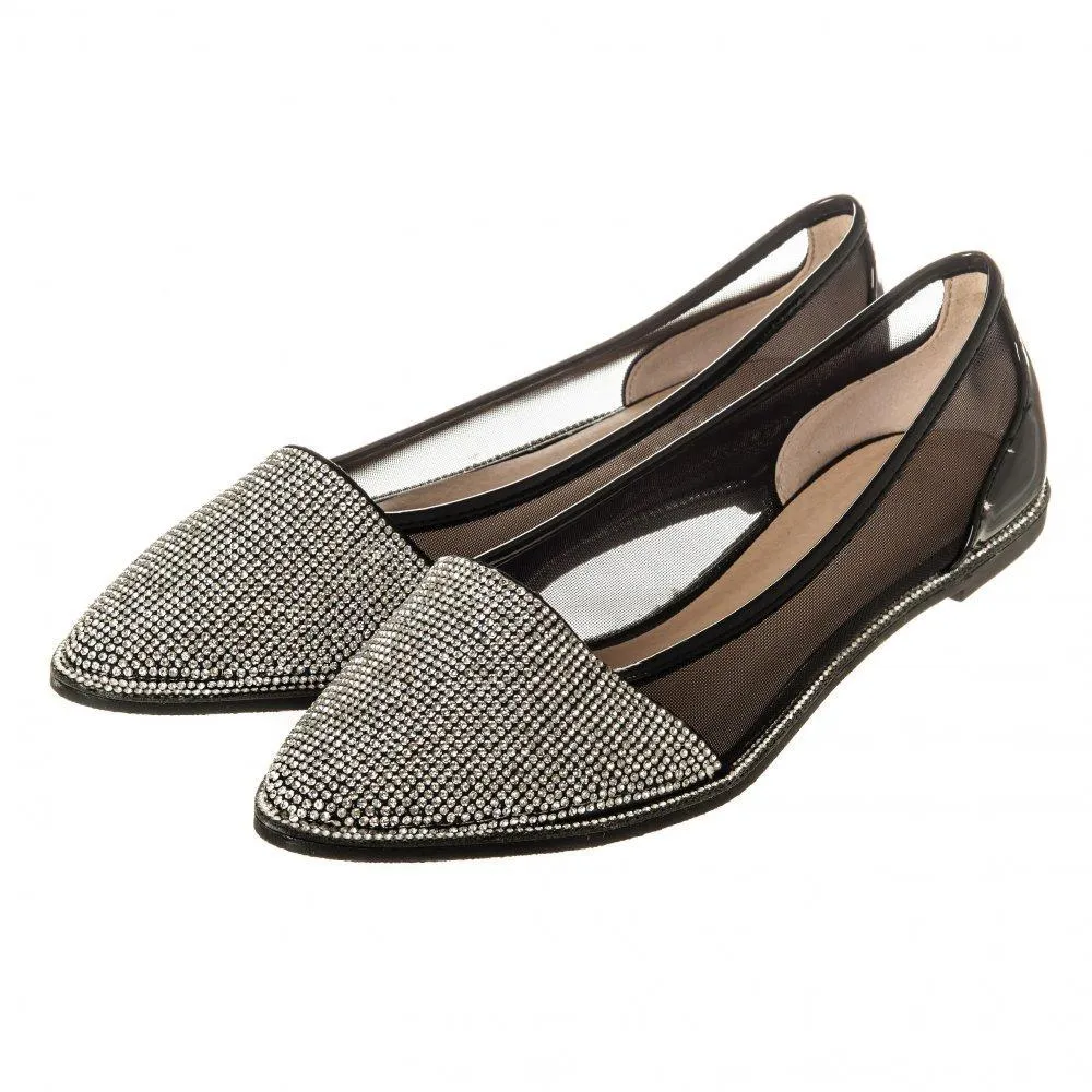 Flat Pointed Toe Diamante Shoe Mesh Side