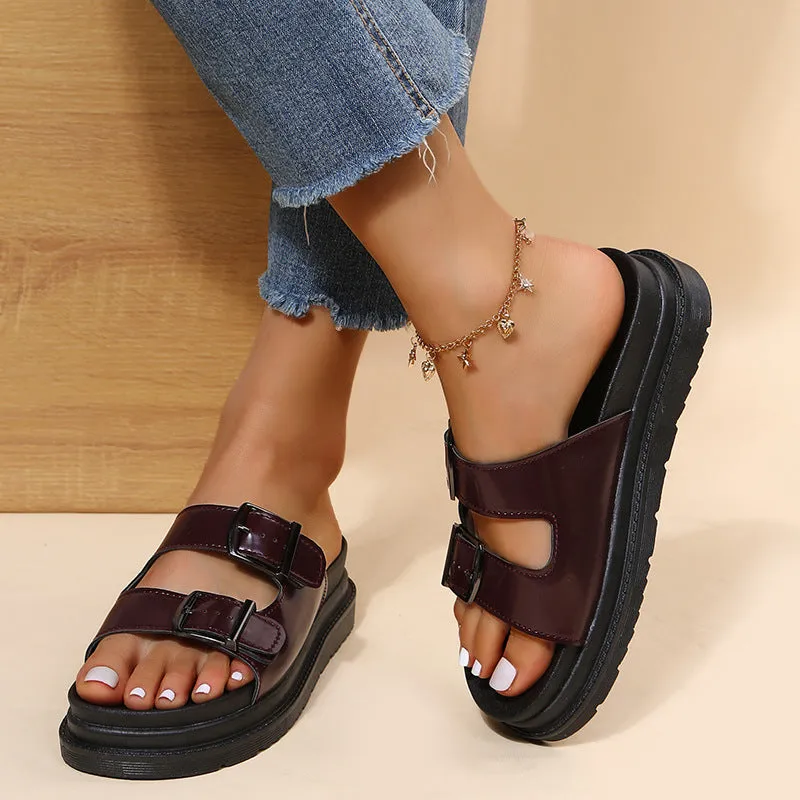 Foreign Trade plus Size Women's Shoes Wear Thick Bottom Solid Color Sandals Women's Metal Belt Buckle Open Toe Casual Slippers