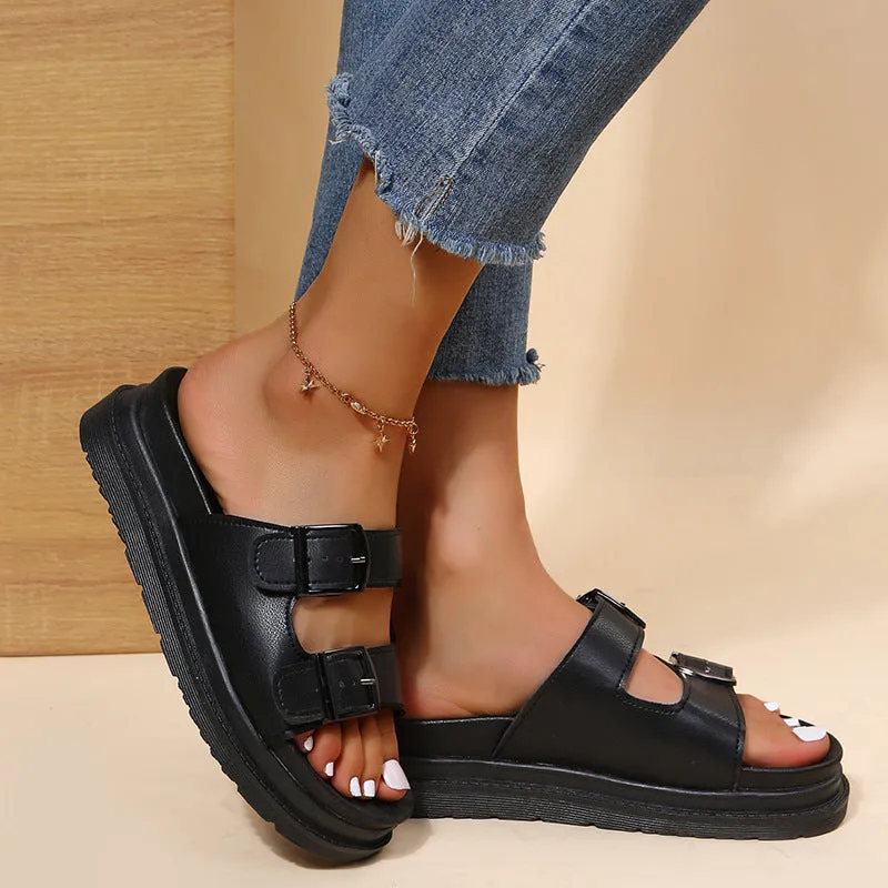 Foreign Trade plus Size Women's Shoes Wear Thick Bottom Solid Color Sandals Women's Metal Belt Buckle Open Toe Casual Slippers