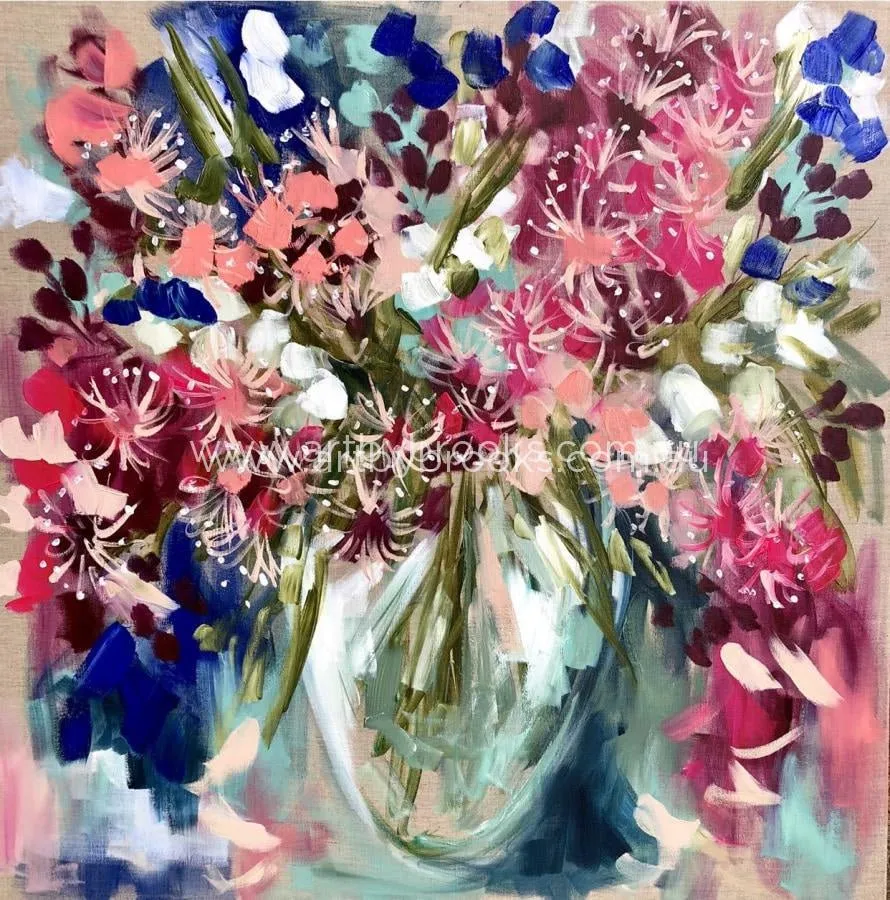 Fragrant Pink eucylyptus - original on Belgian linen 90x90cm