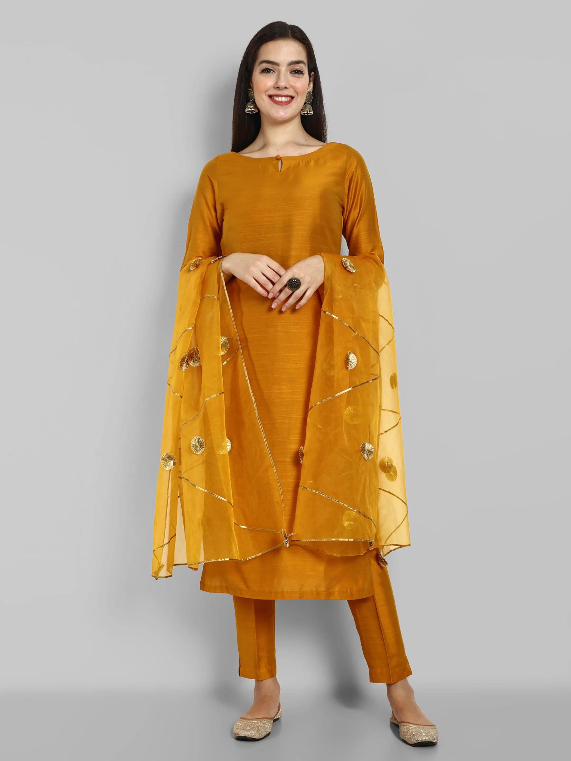 Key hole Goldenrod Mustard Boat Neck Style with elasticated pant and Organza Dupatta - Set of 3