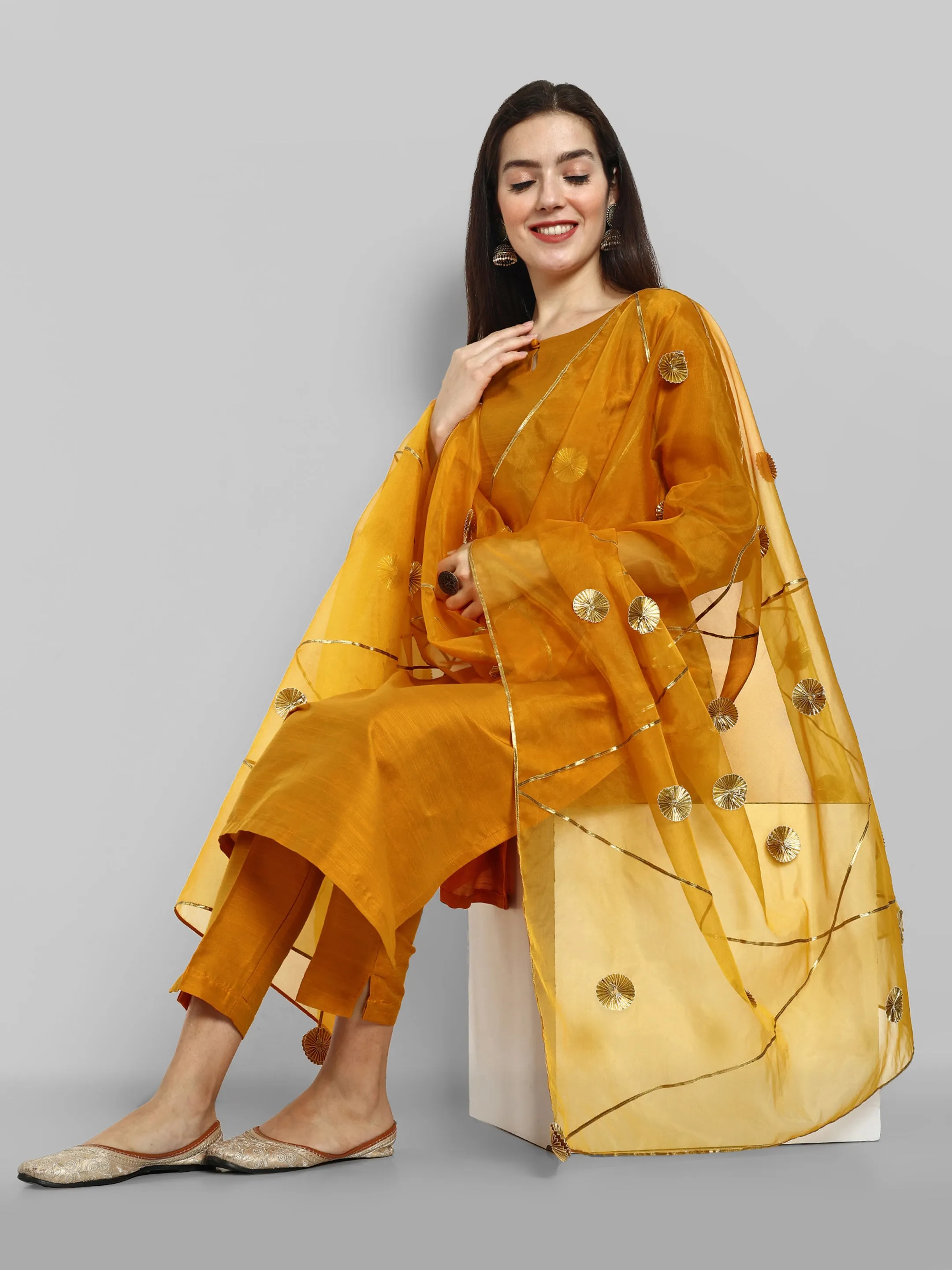 Key hole Goldenrod Mustard Boat Neck Style with elasticated pant and Organza Dupatta - Set of 3