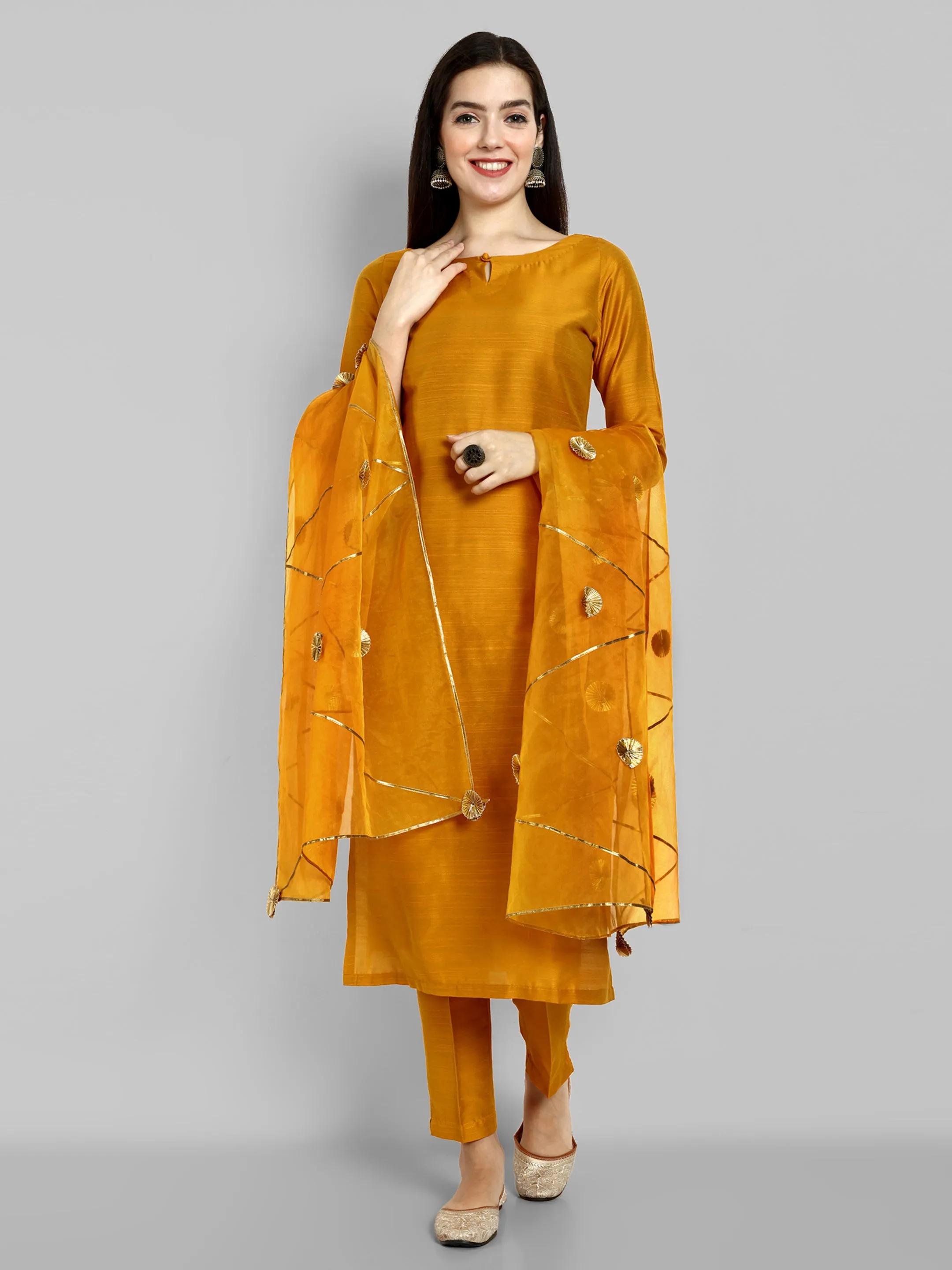 Key hole Goldenrod Mustard Boat Neck Style with elasticated pant and Organza Dupatta - Set of 3