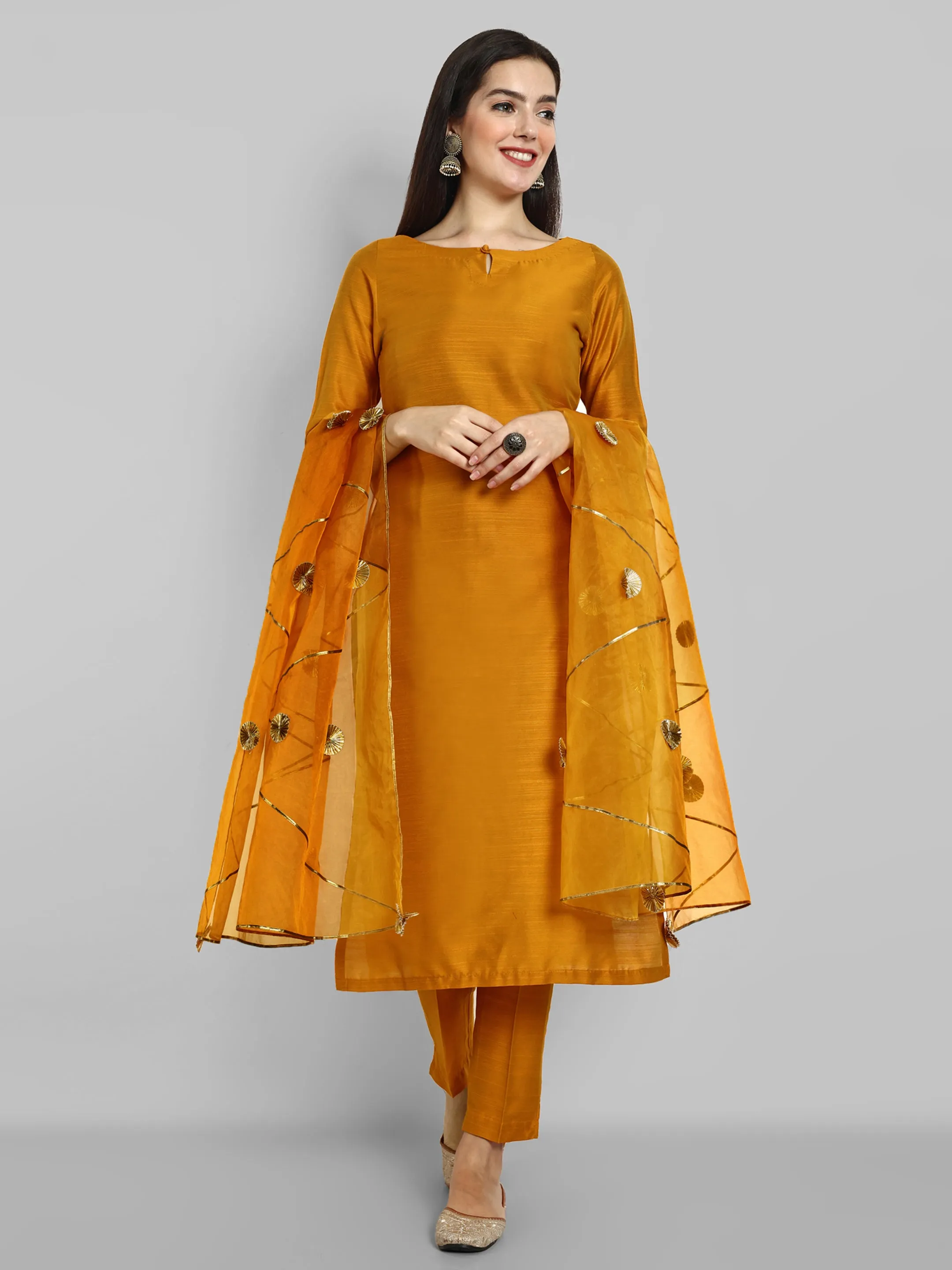 Key hole Goldenrod Mustard Boat Neck Style with elasticated pant and Organza Dupatta - Set of 3