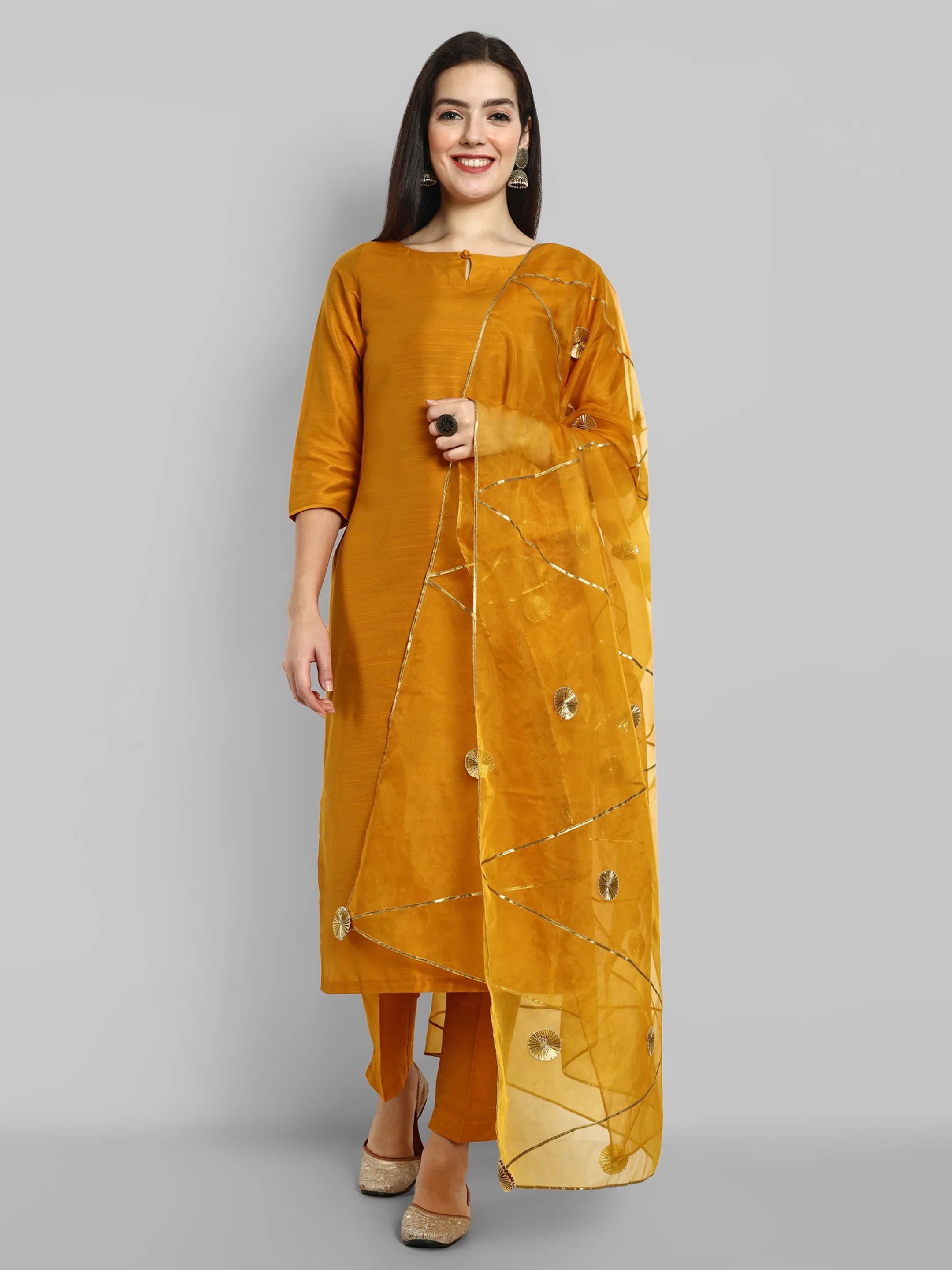 Key hole Goldenrod Mustard Boat Neck Style with elasticated pant and Organza Dupatta - Set of 3