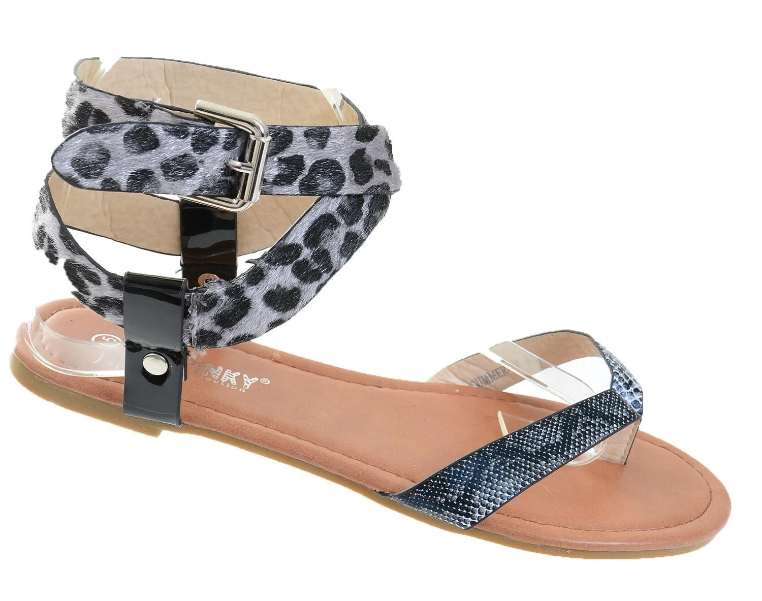 Leopard Leatherette Criss Cross Anklet Thong Sandal