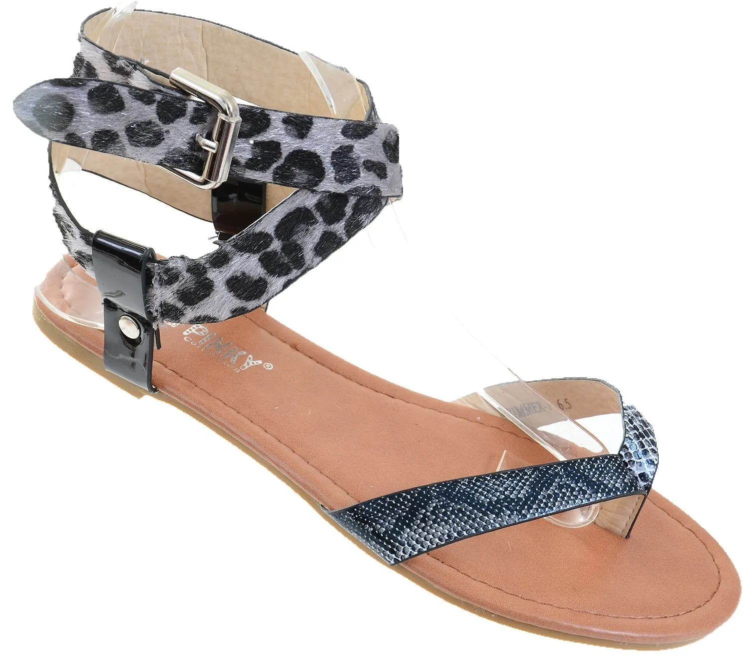 Leopard Leatherette Criss Cross Anklet Thong Sandal