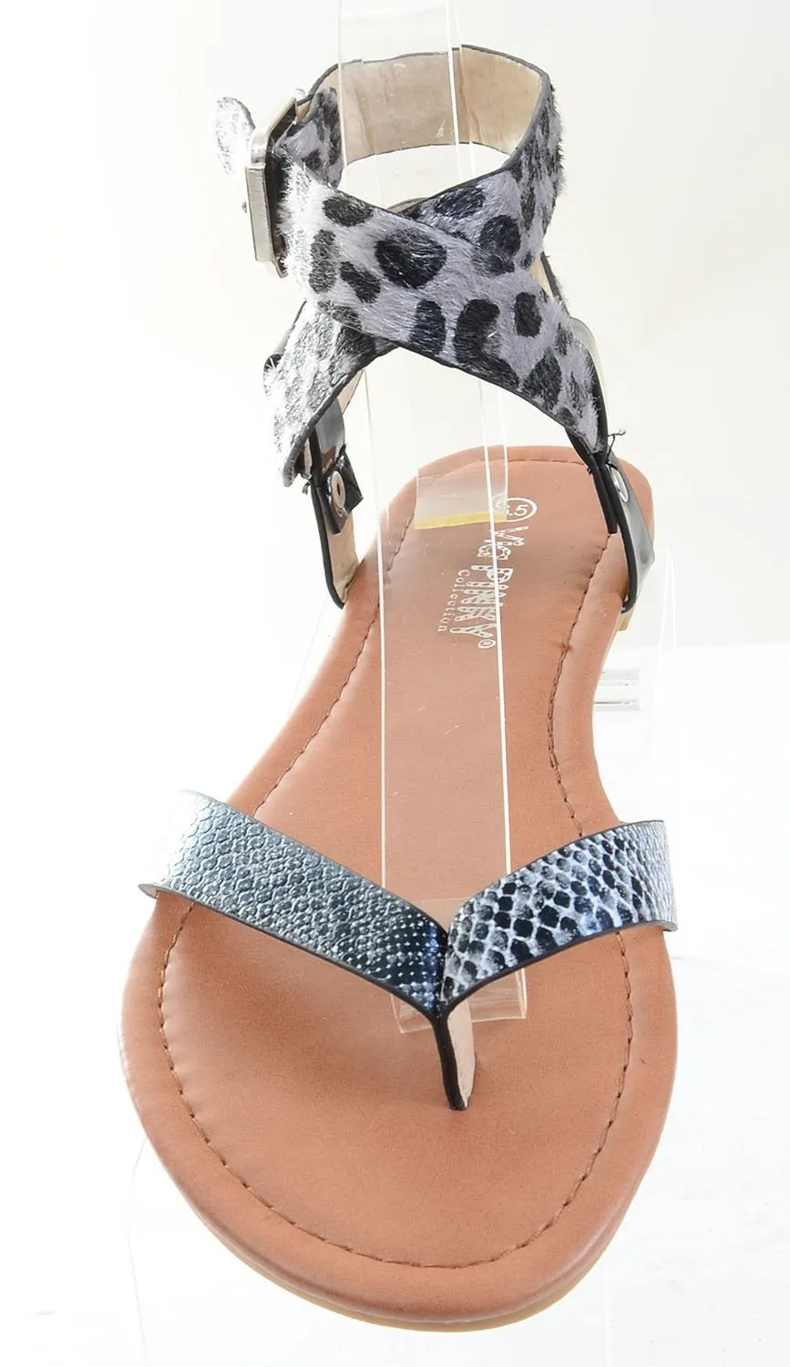 Leopard Leatherette Criss Cross Anklet Thong Sandal