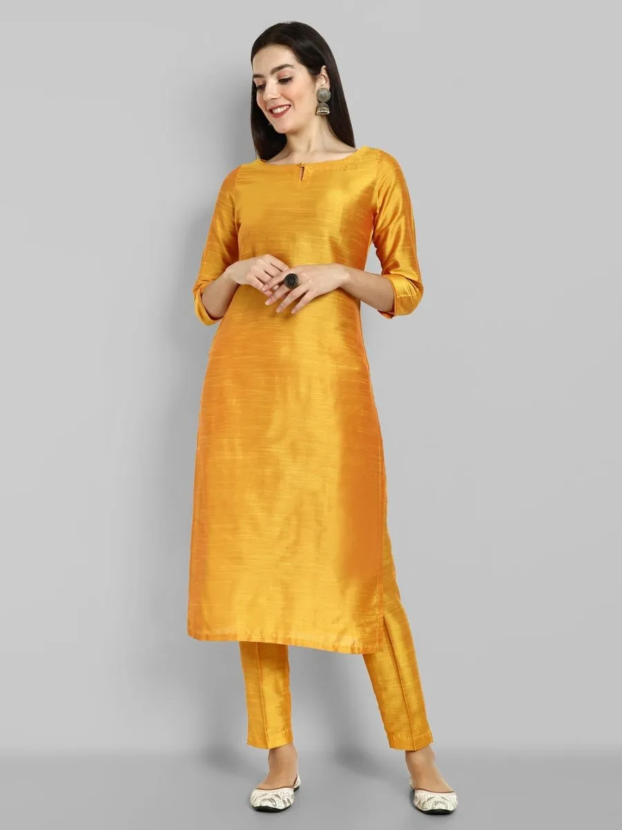 Mustard Straight Cotton Silk Pant with Pockets