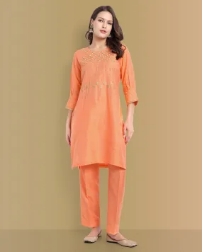 Peach Or Gray Embriodery Kurta and Straight Pant - Set of 2