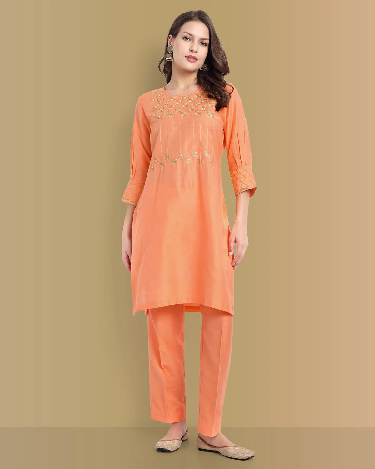 Peach Or Gray Embriodery Kurta and Straight Pant - Set of 2