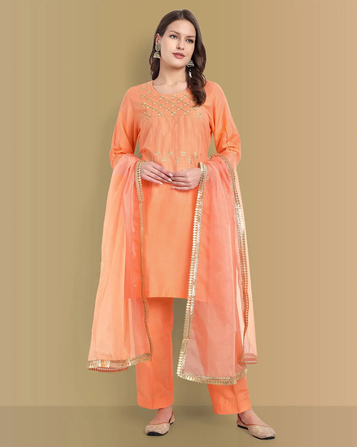 Peach Or Gray Embriodery Kurta and Straight Pant - Set of 2