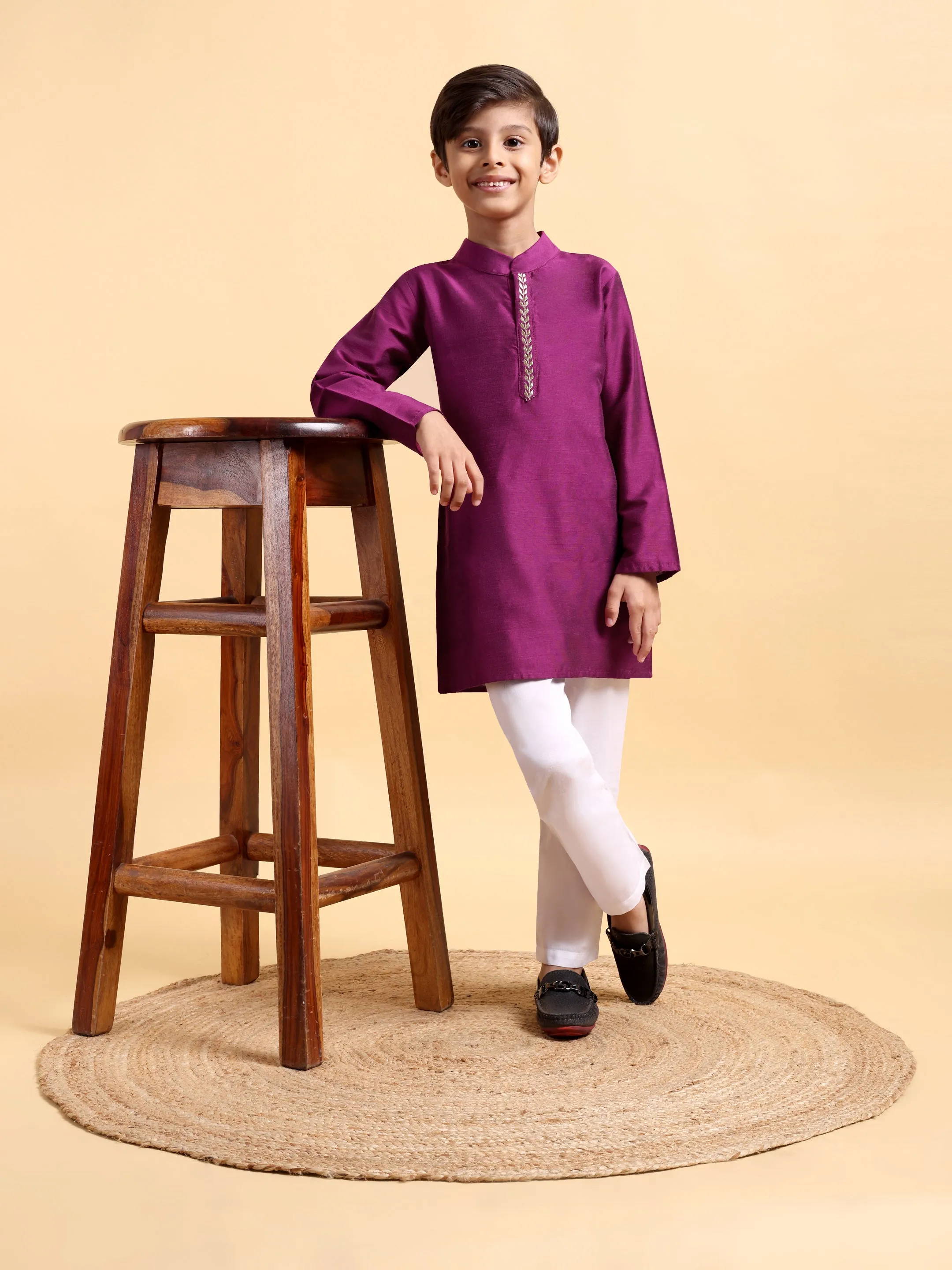 Purple Embriodery Cotton silk Kurta & Pajama Set