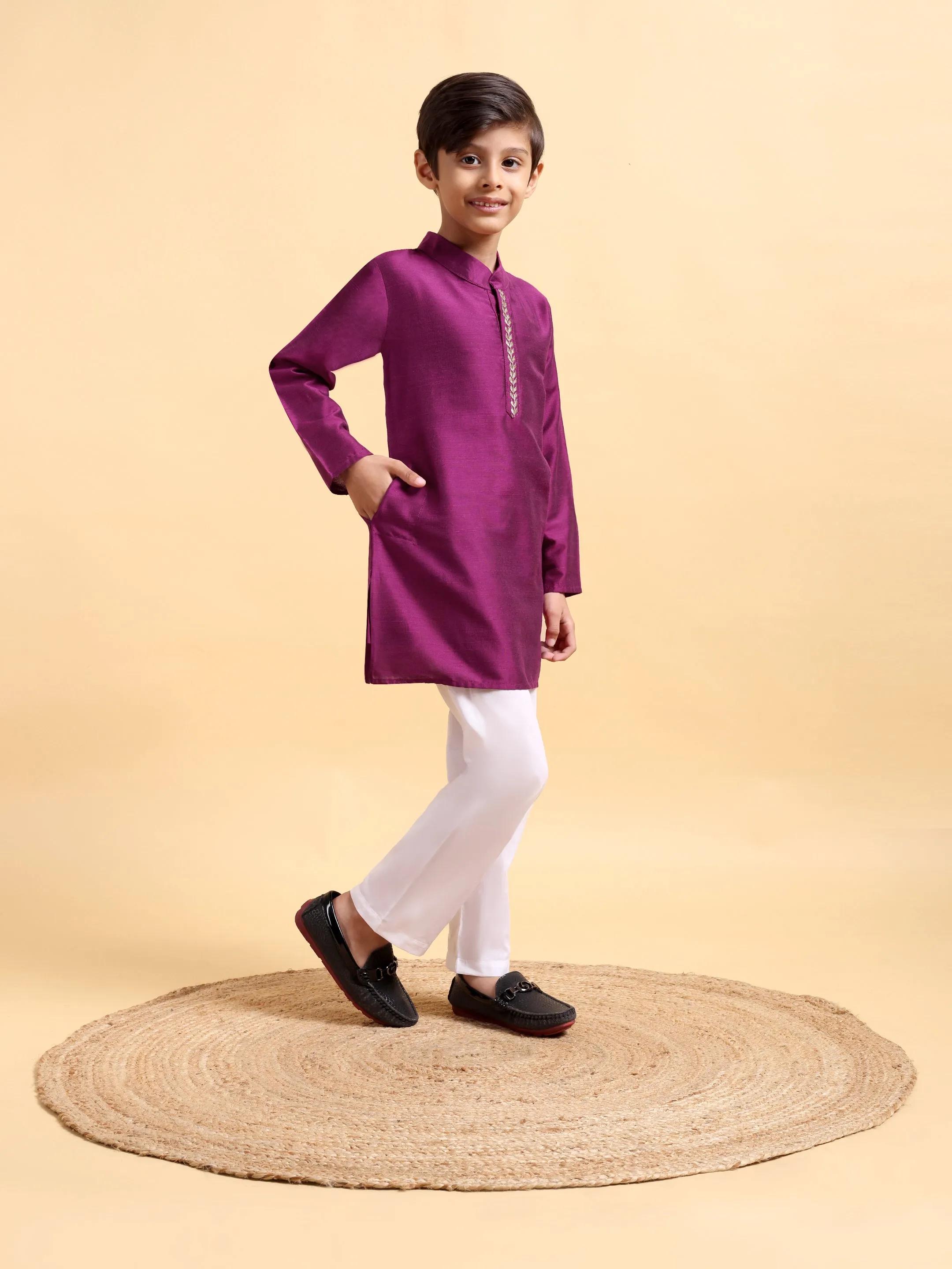 Purple Embriodery Cotton silk Kurta & Pajama Set