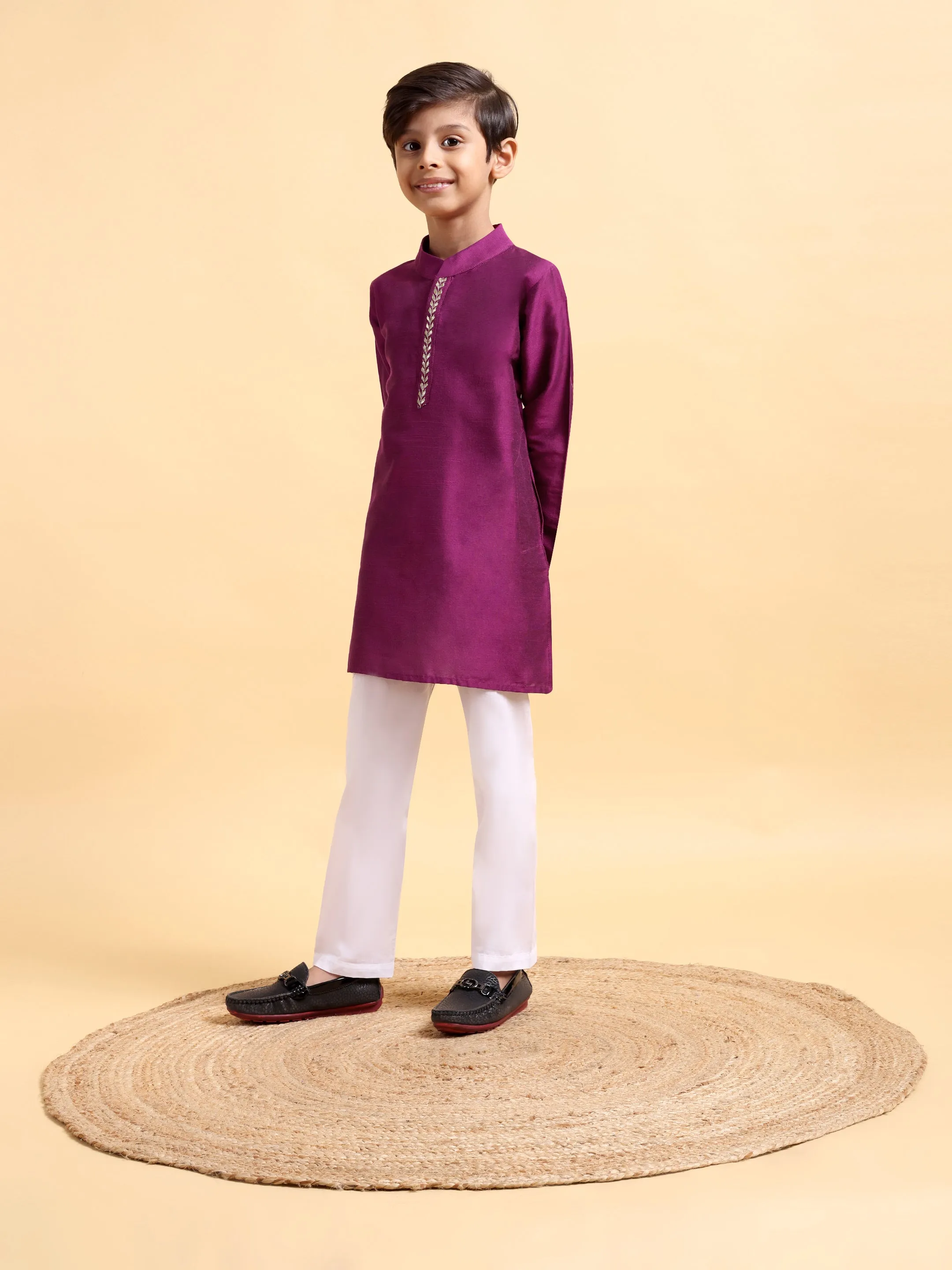 Purple Embriodery Cotton silk Kurta & Pajama Set