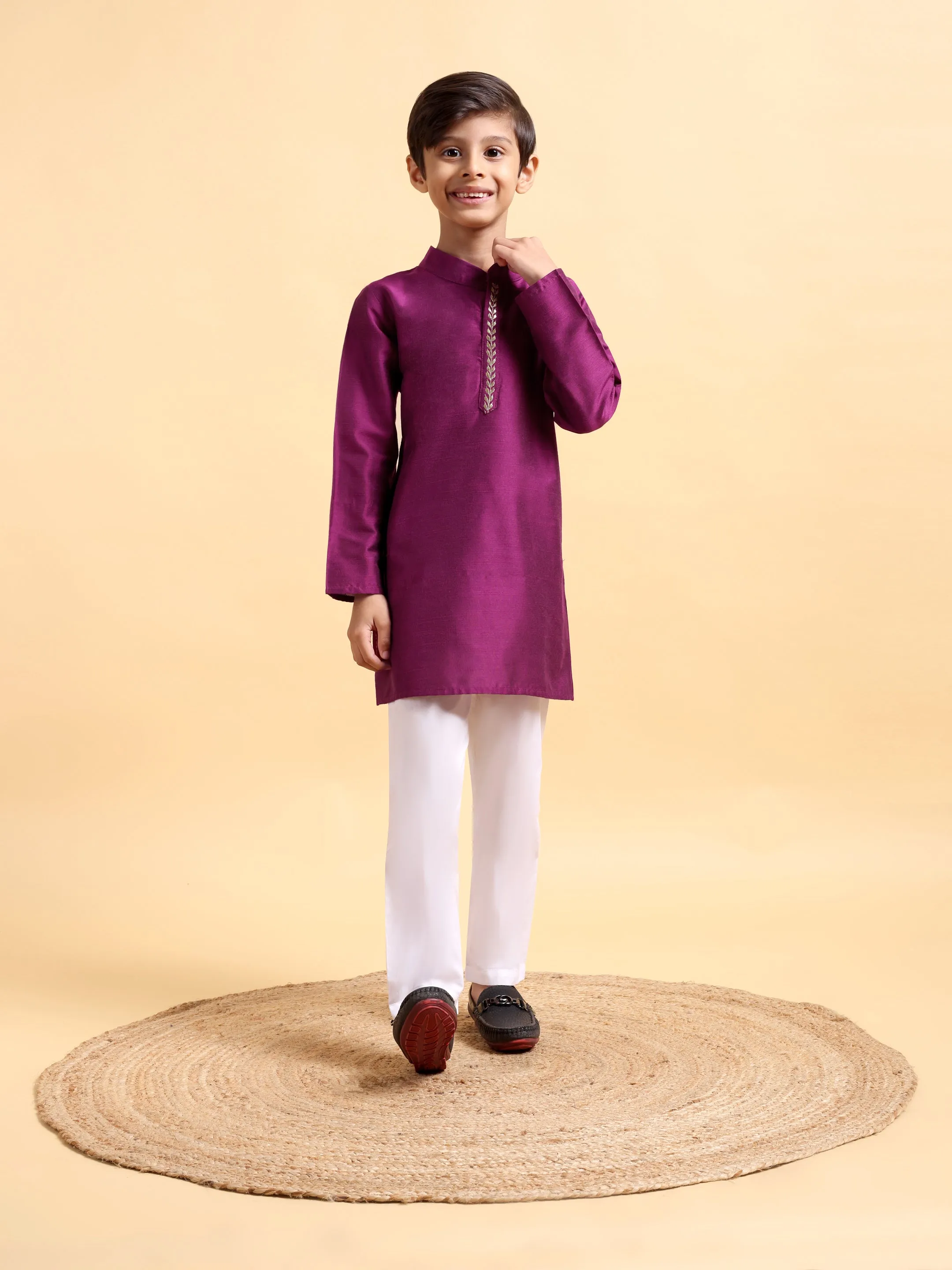 Purple Embriodery Cotton silk Kurta & Pajama Set