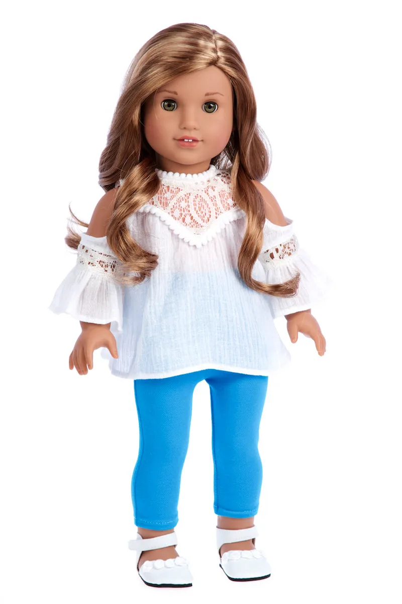 Trendy Girl - 3 Piece Doll Outfit - White Cotton Blouse, Turquoise Leggings and White Shoes